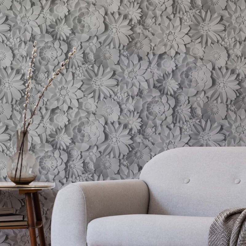 Dimensions 3D Effect Floral Wallpaper - Grey - Fine Décor - FD42691 - Premier Wallcovering