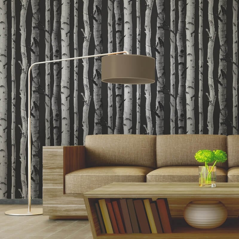 Distinctive Birch Tree Wallpaper - Black/Silver - Fine Décor - FD31052 - Premier Wallcovering