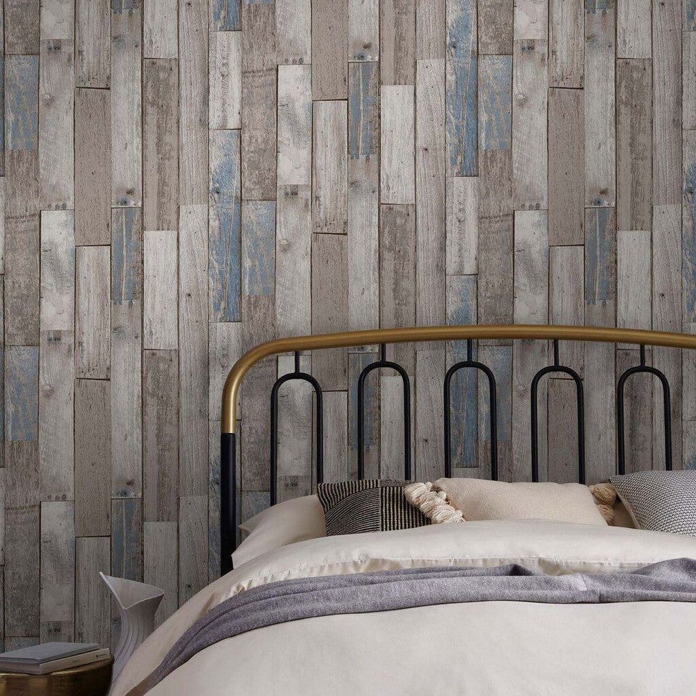 Distressed Wood Plank Wallpaper - Blue - Next - 118309 - Premier Wallcovering
