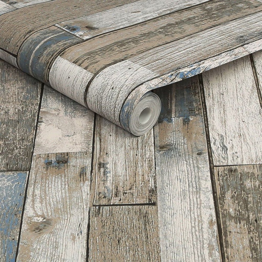 Distressed Wood Plank Wallpaper - Blue - Next - 118309 - Premier Wallcovering