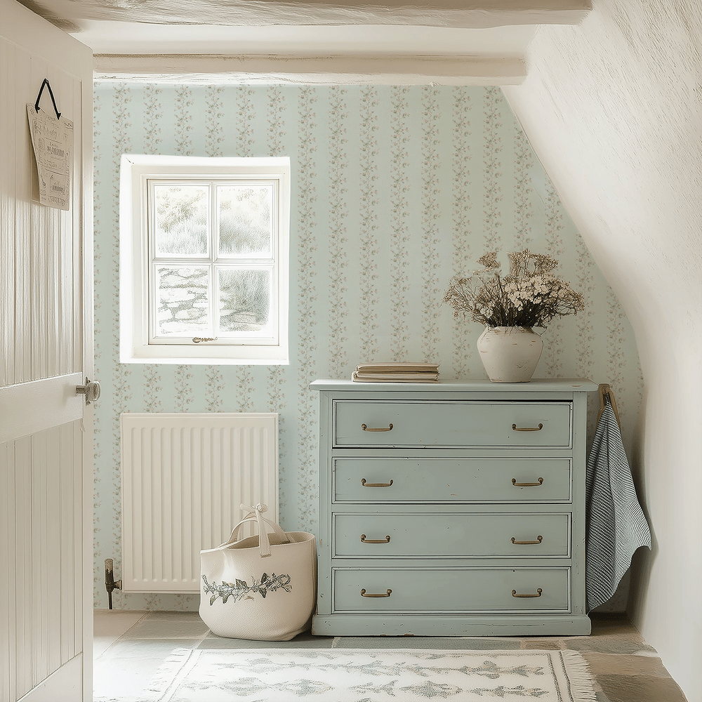 Ditsy Hawthorn Stripe Wallpaper - Duck Egg - Lucie Annabel - LAN100419 - Premier Wallcovering
