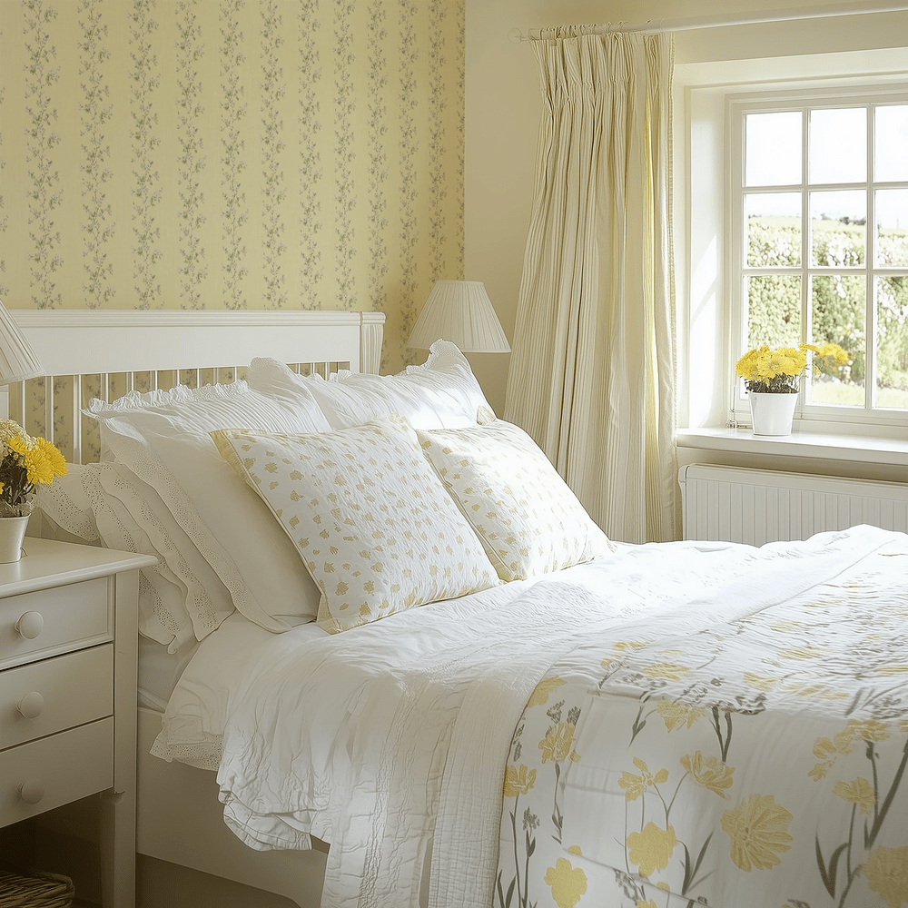 Ditsy Hawthorn Stripe Wallpaper - Lemon - Lucie Annabel - LAN100422 - Premier Wallcovering