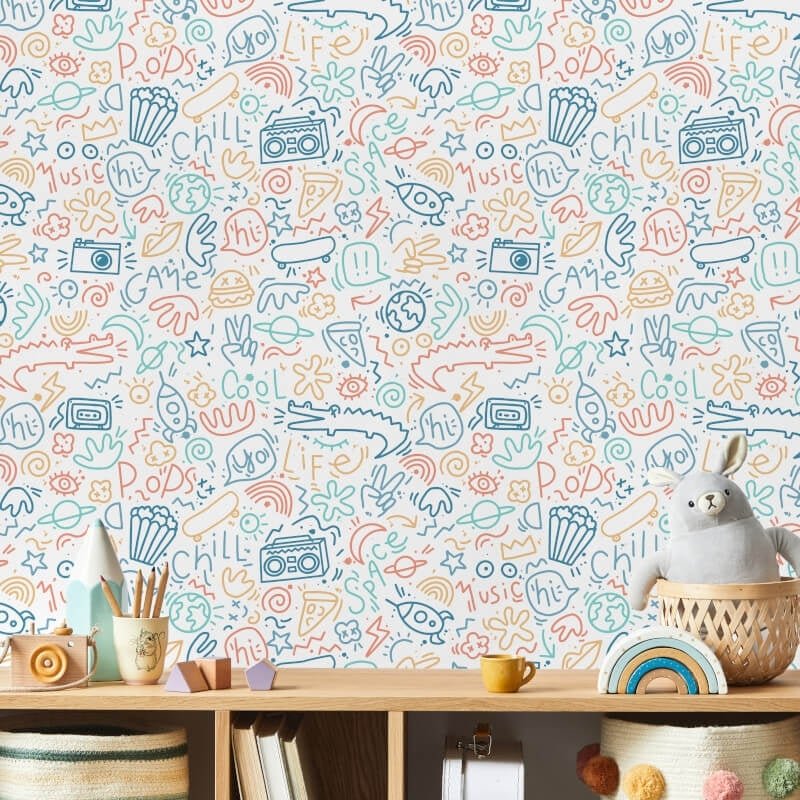Doodle Metallic Wallpaper - Multi - Muriva - M45710 - Premier Wallcovering