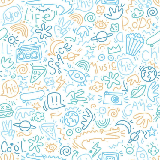 Doodle Metallic Wallpaper - Blue/Yellow - Muriva - M45701 - Premier Wallcovering