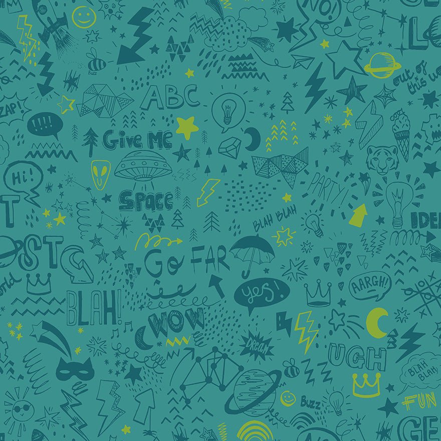 Doodle Wallpaper - Teal/Neon Yellow - Holden Décor - 13341 - Premier Wallcovering