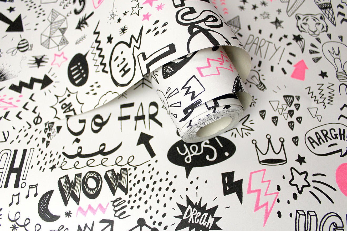 Doodle Wallpaper - White/Neon Pink - Holden Décor - 13340 - Premier Wallcovering