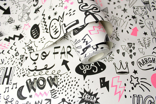 Doodle Wallpaper - White/Neon Pink - Holden Décor - 13340 - Premier Wallcovering