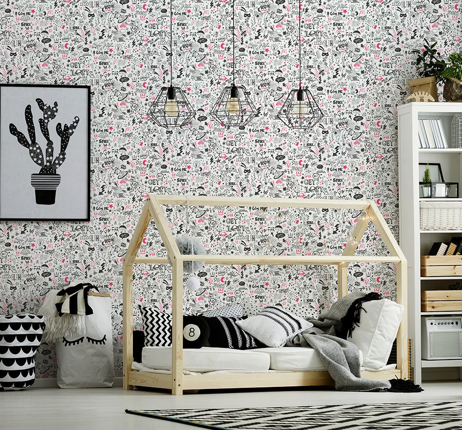 Doodle Wallpaper - White/Neon Pink - Holden Décor - 13340 - Premier Wallcovering