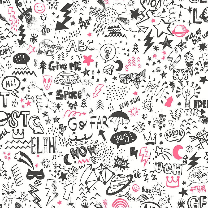 Doodle Wallpaper - White/Neon Pink - Holden Décor - 13340 - Premier Wallcovering
