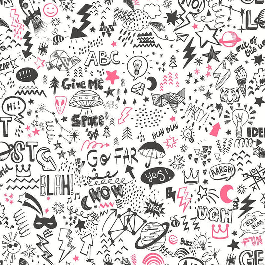 Doodle Wallpaper - White/Neon Pink - Holden Décor - 13340 - Premier Wallcovering