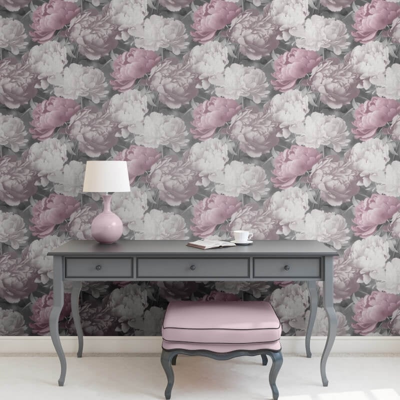 Doretta Floral Wallpaper - Grey/Pink - Muriva - 213301 - Premier Wallcovering
