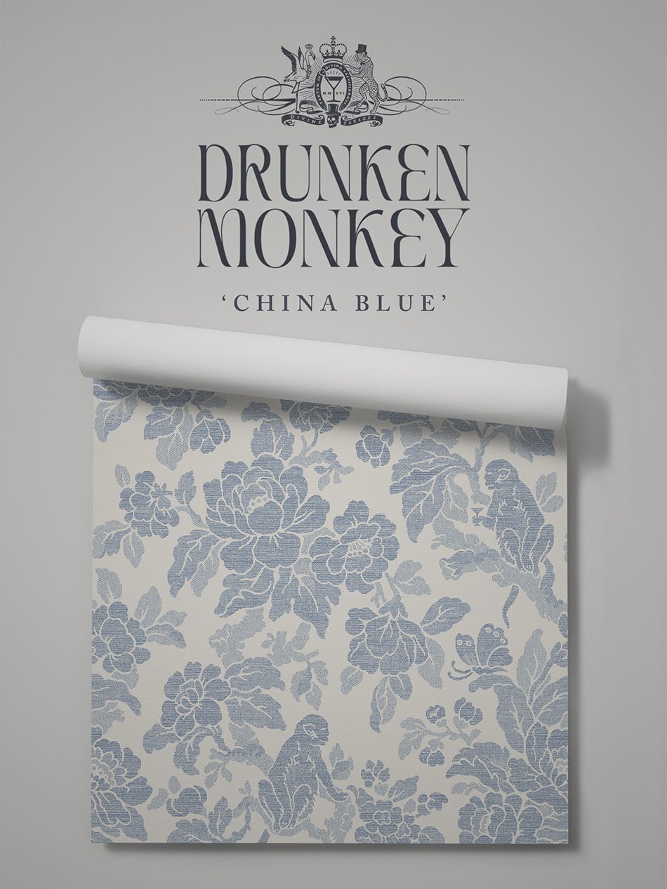 Drunken Monkey Wallpaper - China Blue - Divine Savages - DVS179-DMKY-CHINA-WR - Premier Wallcovering