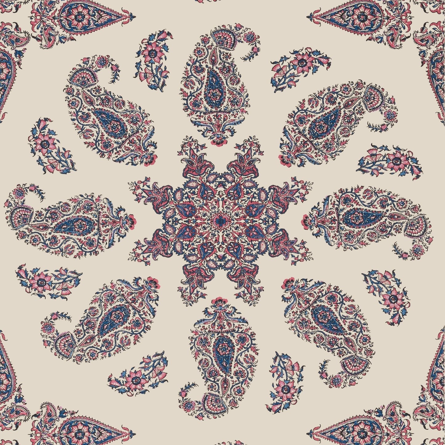 East India Wallpaper - Raspberry & Blue on Natural - Thibaut - T36430 - Premier Wallcovering