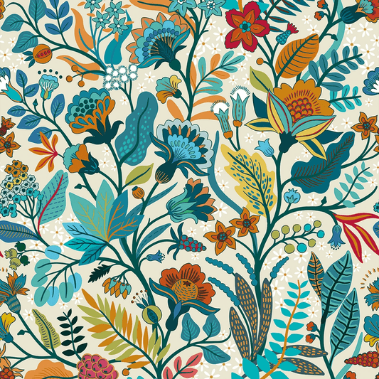 Eclectic Eden Wallpaper - Teal & Tan on Vintage Cream - Lust Home - LH900542 - Premier Wallcovering