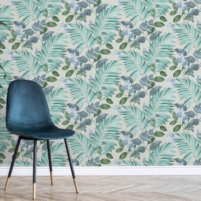 Eden Tropical Leaves Wallpaper - Grey/Blue - Crown - M1651 - Premier Wallcovering