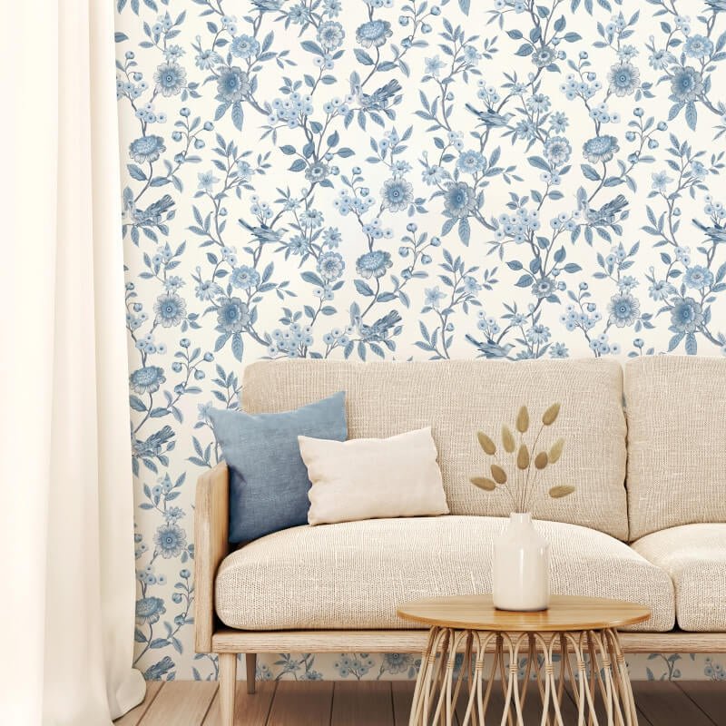 Eleanor Floral Birds Wallpaper - Blue - Fine Décor - FD43447 - Premier Wallcovering