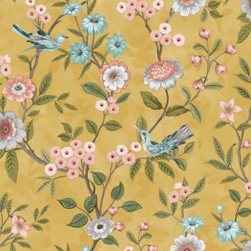 Eleanor Floral Birds Wallpaper - Ochre - Fine Décor - FD43446 - Premier Wallcovering