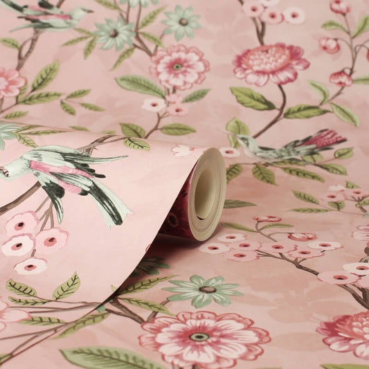 Eleanor Floral Birds Wallpaper - Pink - Fine Décor - FD43445 - Premier Wallcovering