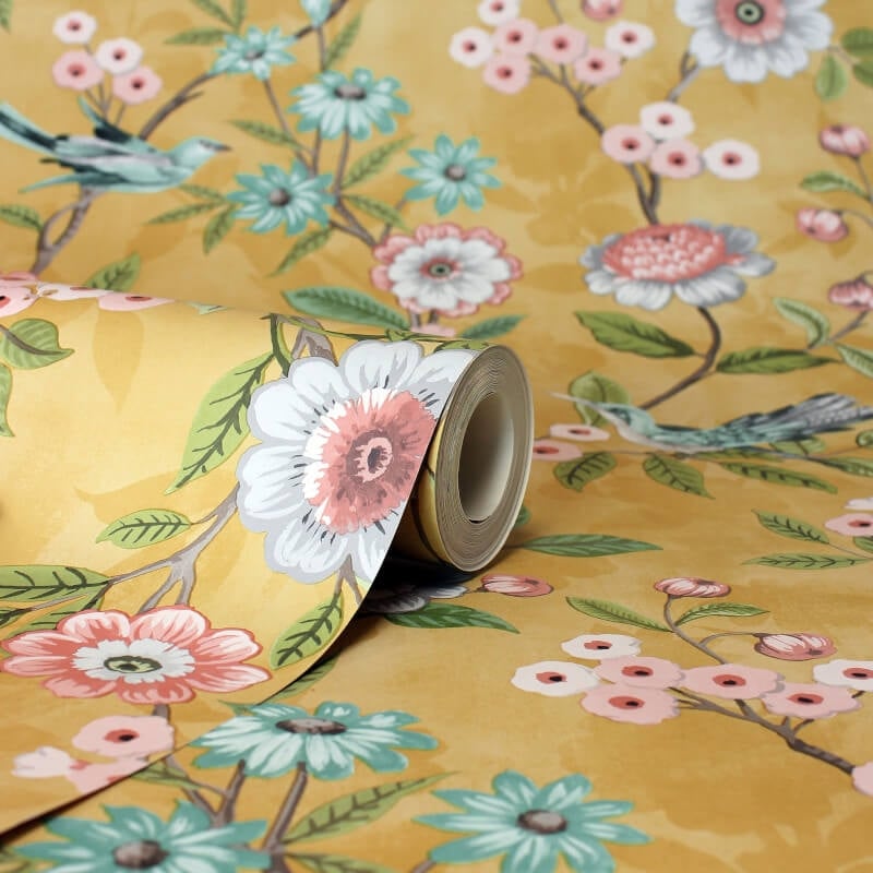 Eleanor Floral Birds Wallpaper - Ochre - Fine Décor - FD43446 - Premier Wallcovering
