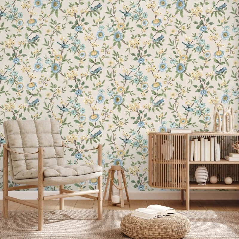 Eleanor Floral Birds Wallpaper - Natural - Fine Décor - FD43448 - Premier Wallcovering