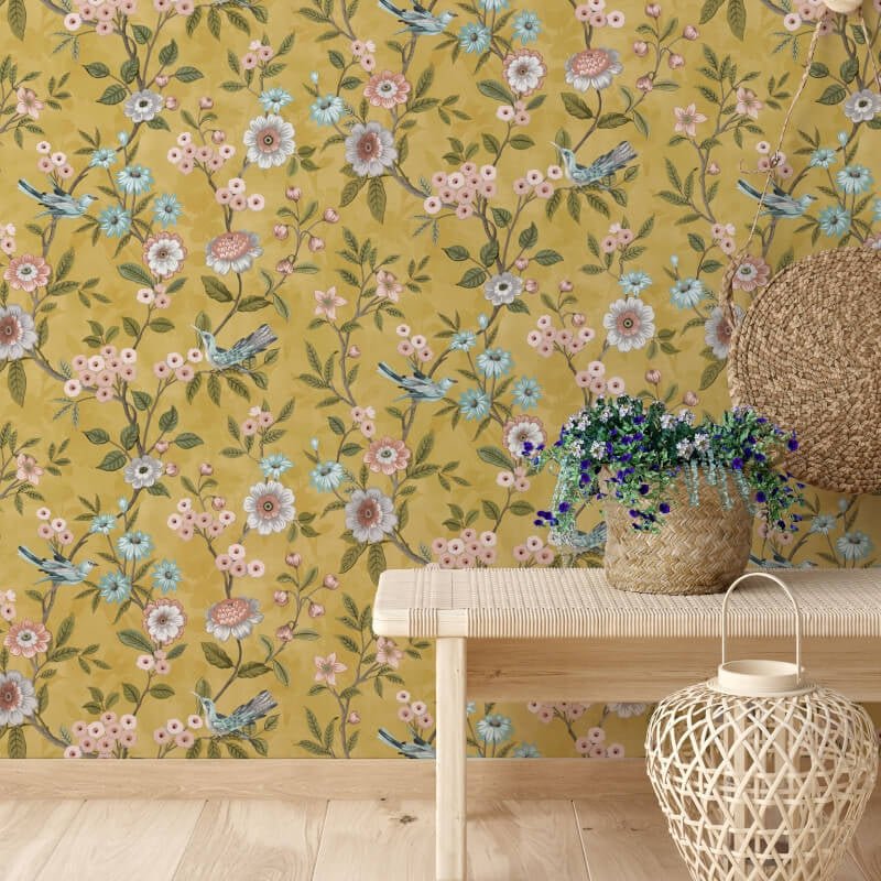 Eleanor Floral Birds Wallpaper - Ochre - Fine Décor - FD43446 - Premier Wallcovering