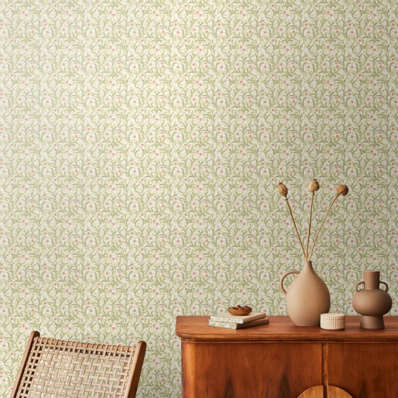 Elegance Floral Trail Wallpaper - Sage/Coral - Hoopla Walls - HWA1264W - Premier Wallcovering