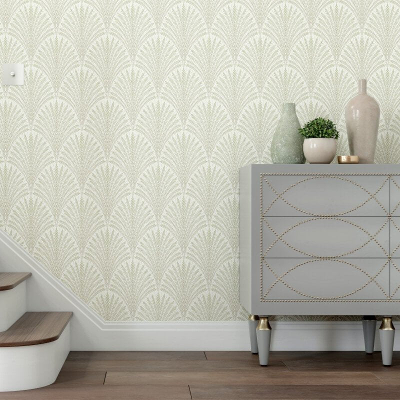 Elegance Leaf Fan Wallpaper - Sage Green - Hoopla Walls - HWA1029W - Premier Wallcovering