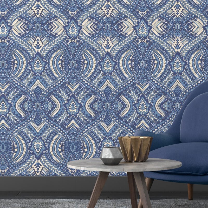 Elegance Ogee Damask Wallpaper - Navy Blue - Hoopla Walls - HWA1036W - Premier Wallcovering