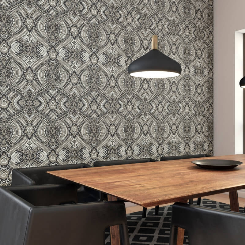 Elegance Ogee Damask Wallpaper - Black - Hoopla Walls - HWA1035W - Premier Wallcovering