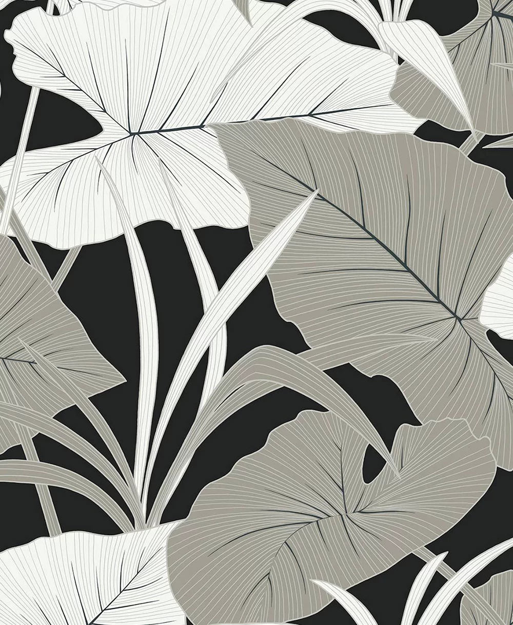 Elephant Leaves Wallpaper - Ebony & Metallic Silver - NextWall - NW52000 - Premier Wallcovering