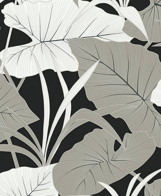 Elephant Leaves Wallpaper - Ebony & Metallic Silver - NextWall - NW52000 - Premier Wallcovering
