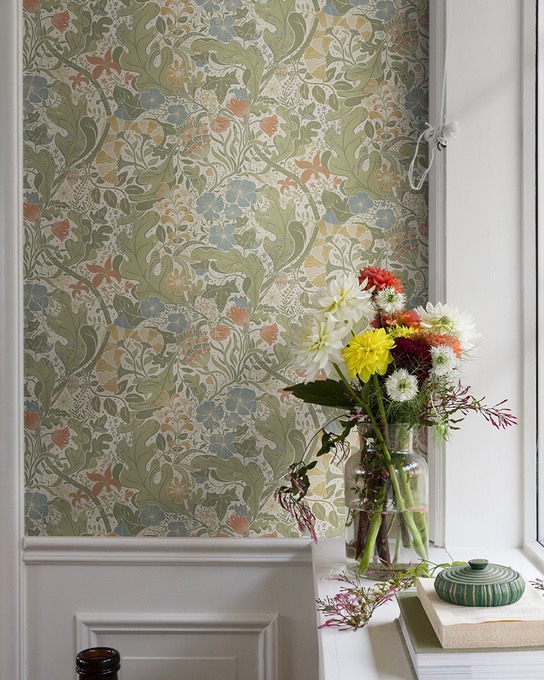 Elise Wallpaper - Cream / Green - Midbec - 83101 - Premier Wallcovering