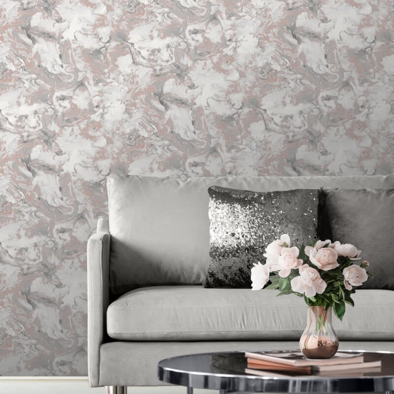 Elixir Marble Metallic Wallpaper - Rose Gold/Silver - Muriva - 166502 - Premier Wallcovering