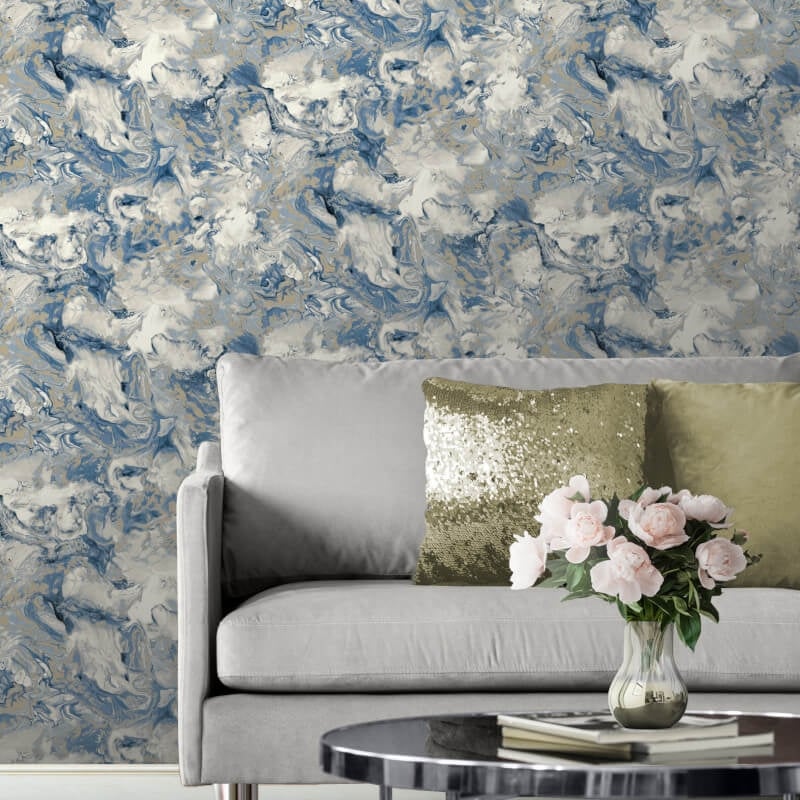 Elixir Marble Metallic Wallpaper - Blue/Gold - Muriva - 166504 - Premier Wallcovering