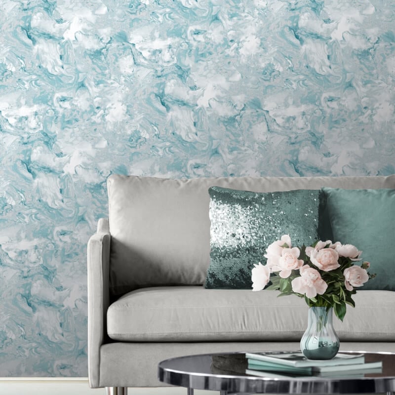 Elixir Marble Metallic Wallpaper - Teal/Silver - Muriva - 166503 - Premier Wallcovering