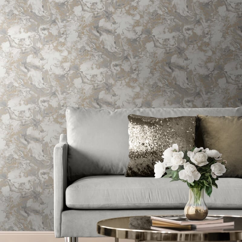 Elixir Marble Metallic Wallpaper - Grey/Gold - Muriva - 166506 - Premier Wallcovering
