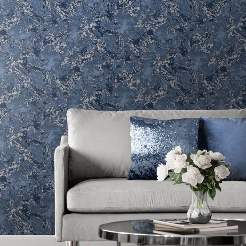 Elixir Marble Metallic Wallpaper - Blue/Silver - Muriva - 166505 - Premier Wallcovering
