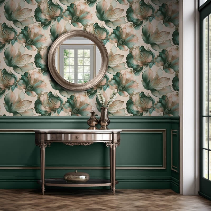 Elysian Floral Metallic Wallpaper - Coral/Teal - Muriva - 212505 - Premier Wallcovering