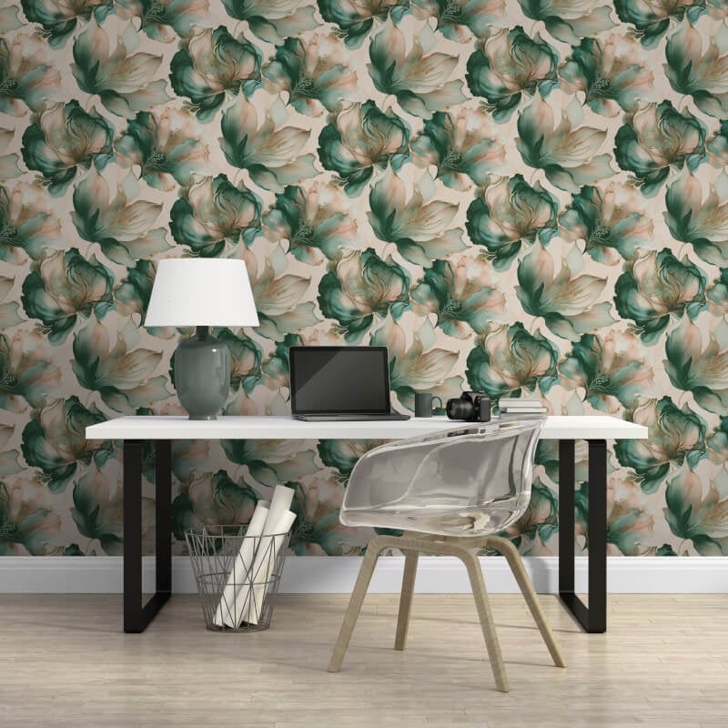 Elysian Floral Metallic Wallpaper - Coral/Teal - Muriva - 212505 - Premier Wallcovering