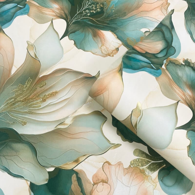 Elysian Floral Metallic Wallpaper - Coral/Teal - Muriva - 212505 - Premier Wallcovering