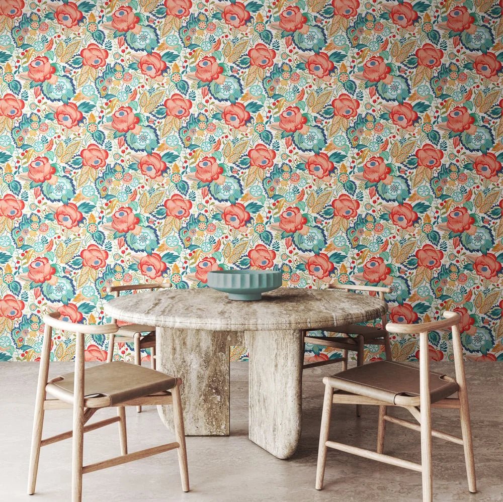 Emily Rose Wallpaper - Petrol & Coral - Ohpopsi - RON50129W - Premier Wallcovering