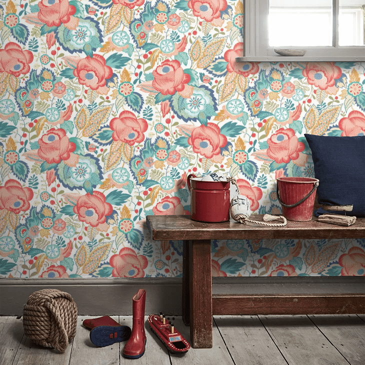 Emily Rose Wallpaper - Petrol & Coral - Ohpopsi - RON50129W - Premier Wallcovering