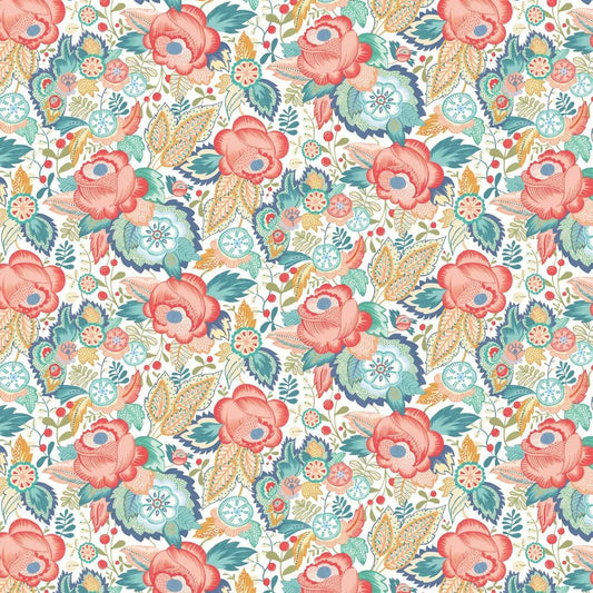 Emily Rose Wallpaper - Petrol & Coral - Ohpopsi - RON50129W - Premier Wallcovering