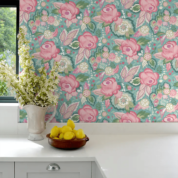Emily Rose Wallpaper - Rose & Seafoam - Ohpopsi - RON50133W - Premier Wallcovering
