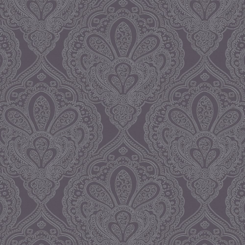Emporium Mehndi Damask Wallpaper - Purple / Silver - Galerie - DWP0247-01 - Premier Wallcovering