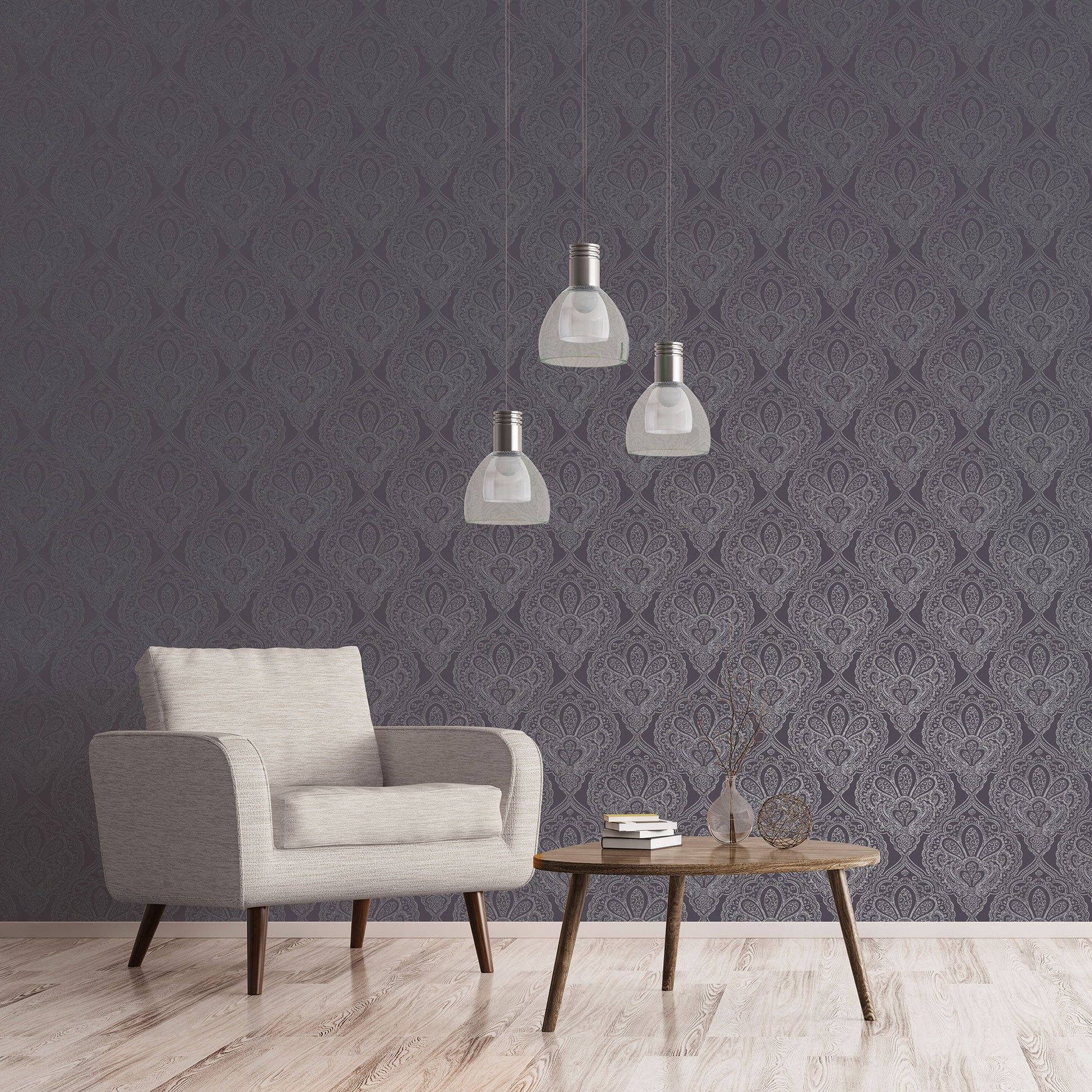 Emporium Mehndi Damask Wallpaper - Purple / Silver - Galerie - DWP0247 - 01 - Premier Wallcovering