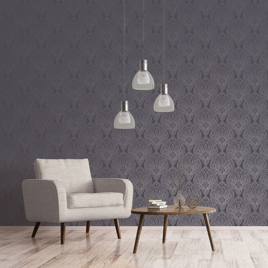 Emporium Mehndi Damask Wallpaper - Purple / Silver - Galerie - DWP0247 - 01 - Premier Wallcovering