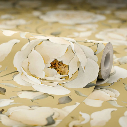 Enchanted Roses Wallpaper - Ivory on Antique Gold - LAN100339 - Lucie Annabel - Premier Wallcovering