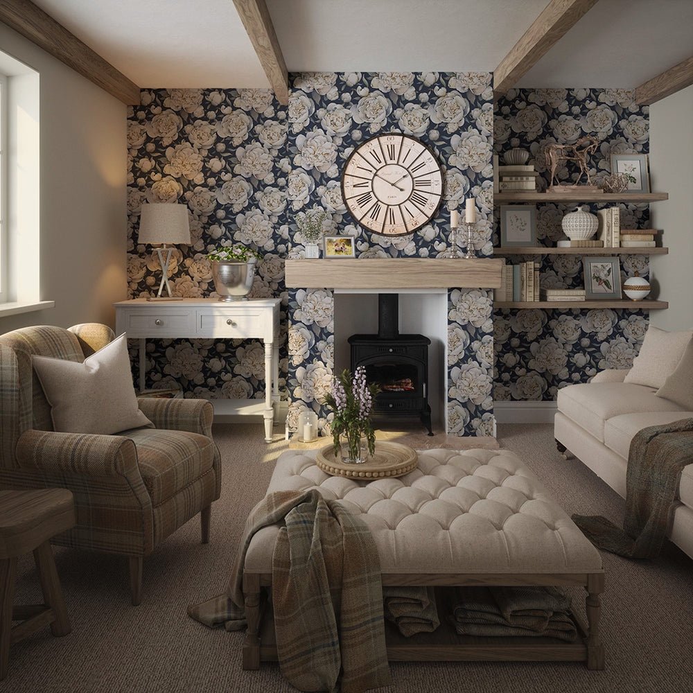 English Garden Peonies Wallpaper - Classic Navy - LAN100364 - Lucie Annabel - Premier Wallcovering