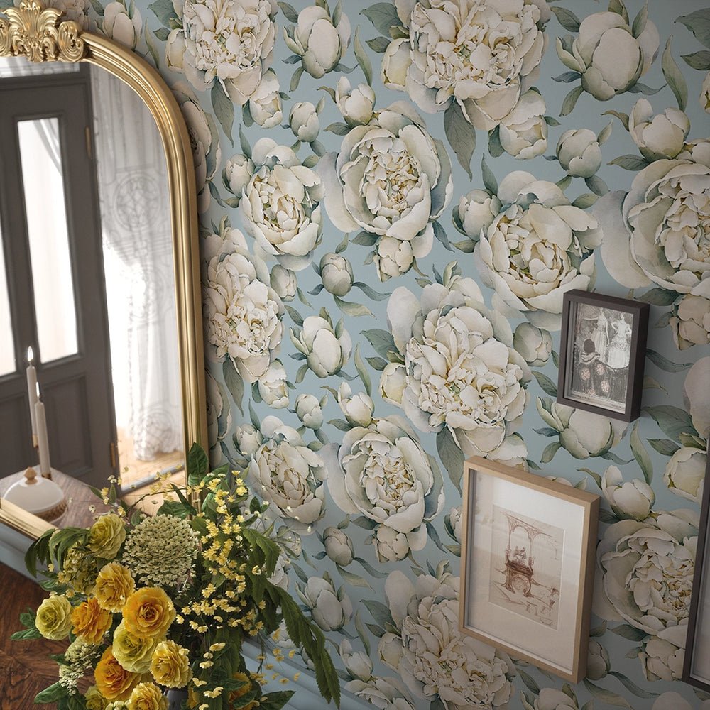 English Garden Peonies Wallpaper - Mineral Mist - LAN100362 - Lucie Annabel - Premier Wallcovering